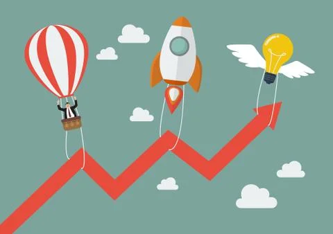 Flying lightbulb Rocket and Balloon pull graph up Stock Illustration