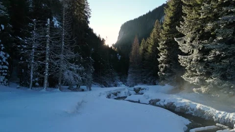 Flying low near a river stream in scenic winter landscape Stock Footage 296697049