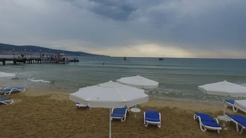 Flying Low over the beaches of sunny beach bulgaria Stock Footage 70792453