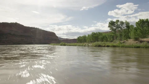 Flying low over river with red cliffs and lush trees panning on banks of river Video stock 141626622