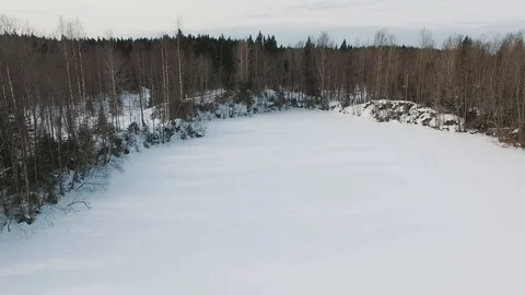 Flying low over snow-covered frozen lake towards winter forest Stock Footage 92858462