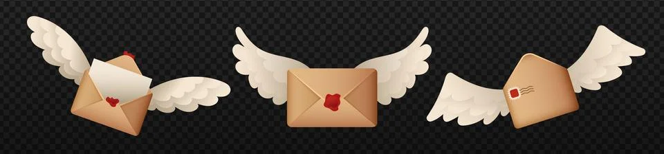 Flying magic letter 3d vector. Magic envelope with wings. Stock Illustration