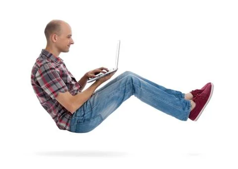 Flying man with laptop computer Stock Photos