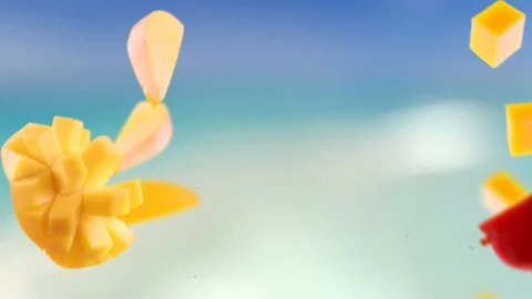 Flying of Mango and Slices in Beach Background Stock Footage 123500688