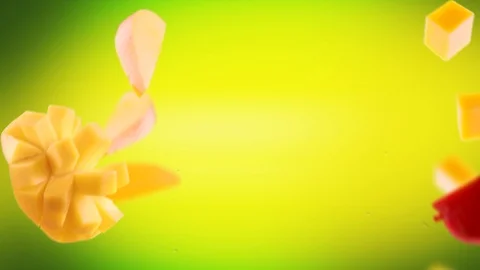 Flying of Mango and Slices in Lime Green Background Stock Footage 123500949