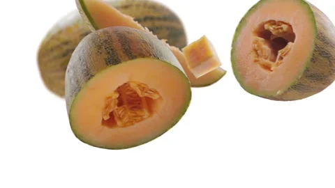 Flying Melon and Melons slices in White Background Video stock 229558834