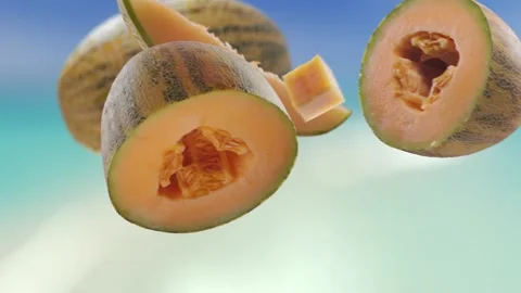 Flying Melon and Melons slices in Beach Tropical Summer Background Video stock 229559460