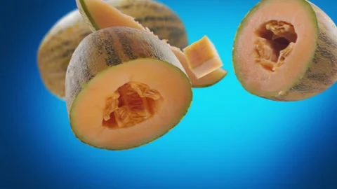 Flying Melon and Melons slices in Blue Background Vidéo 229561975