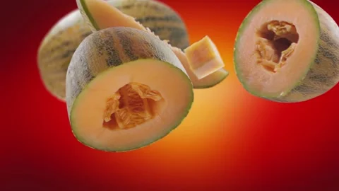Flying Melon and Melons slices in Red Background Stock Footage 229562517