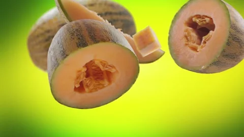 Flying Melon and Melons slices in Lime Green Background Video stock 229564041