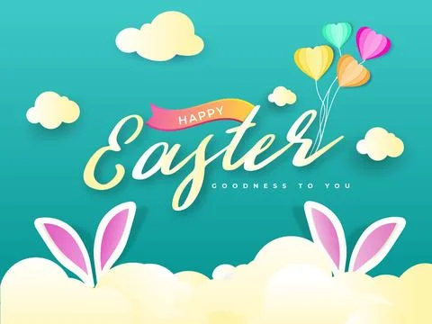 Flying Message Ribbon of Happy Easter with Heart Shaped Balloon in Clouds a.. Stock Illustration