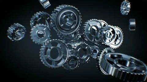 Flying Metal Gears Abstract Construction Process on Black Background. Working 動画素材 101299348