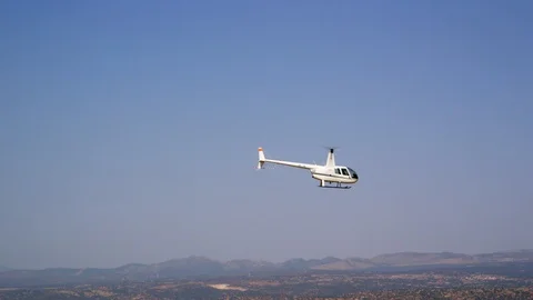 Flying, Mid-Air, Helicopter, Clear Sky, Side View, Outdoors, Day, Wide Shot, 10 스톡 동영상 95820634