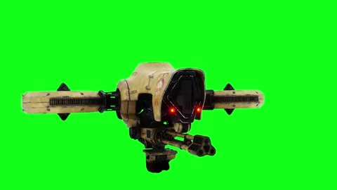 Flying military, war droid, bot with gun. Green screen. Vídeo Stock 264550423