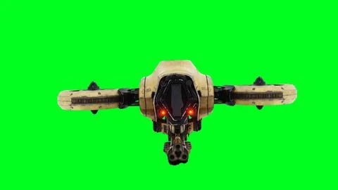 Flying military, war droid, bot with gun. Green screen. 3d rendering. Stock Illustration