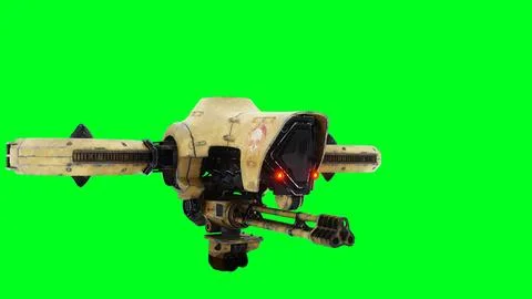 Flying military, war droid, bot with gun. Green screen. 3d rendering. Stock Illustration