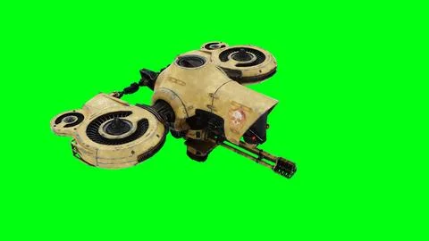 Flying military, war droid, bot with gun. Green screen. 3d rendering. Stock Illustration