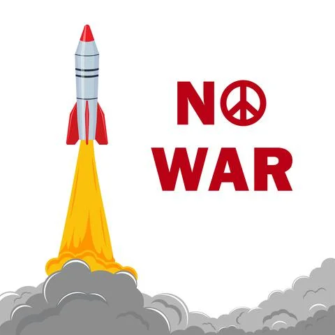 A flying missile and next to it there is an inscription no to war. Stock Illustration