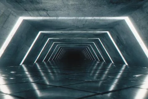 Flying in a modern futuristic empty sci-fi night corridor. Retro alien ship i Stock Illustration