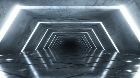 Flying in a modern futuristic empty sci-fi night corridor. Retro alien ship i Stock Illustration