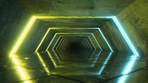 Flying in a modern futuristic empty sci-fi night corridor. Retro alien ship i Stock Illustration