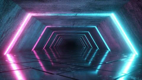Flying in a modern futuristic empty sci-fi night corridor. Retro alien ship i Stock Illustration