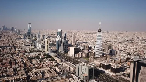 Flying to modern skyline downtown Riyadh... | Stock Video | Pond5