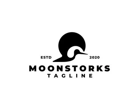 Flying moon stork logo. Flying stork silhouette logo Stock Illustration