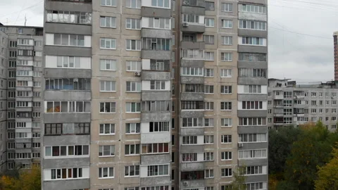 Flying up multi-storey soviet panel houses. Close up shot Stock Footage 162170442