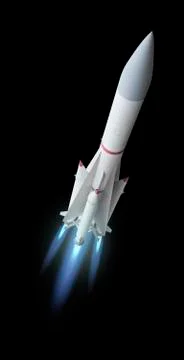 Flying multistage space rocket or anti-aircraft air defense missile with fire Stock Illustration