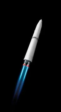 Flying multistage space rocketwith fire trail. Isolated on black background Stock Photos