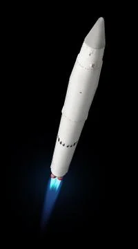 Flying multistage space rocketwith fire trail. Isolated on a black background Stock Photos