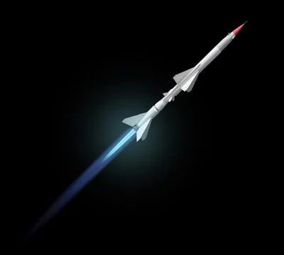 Flying multistage space rocketwith fire trail. Isolated on black background Stock Photos