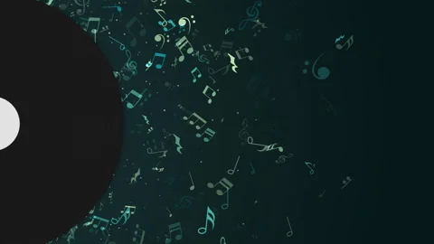 Flying musical notes on dark green background with vinyl record. Looped animated Video stock 284934665