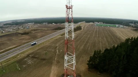 Flying near the cell tower mobile operator and the other transmitting signals Video stock 69737818