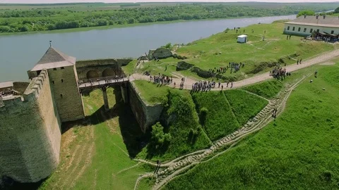 Flying near medieval fortification complex Stock Footage 77442094