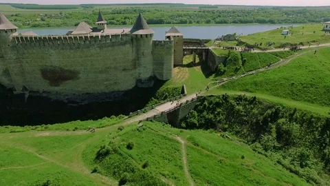 Flying near medieval fortification complex Stock Footage 77443082