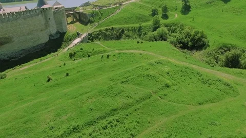 Flying near medieval fortification complex Stock Footage 77443482