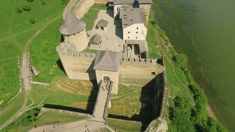 Flying near medieval fortification complex Stock Footage 77450879