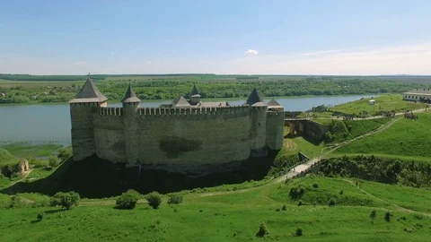 Flying near medieval fortification complex Stock Footage 77452433