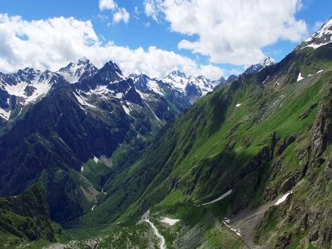 Flying near mountain range valley Aerial 4k video. Hiking Tourism Caucasus Stock Footage 80314545