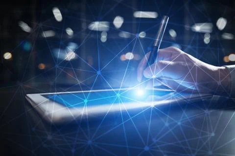 Flying network sphere 3D background. Business technology and internet concept Stock-Fotos