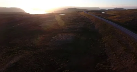 Flying into the North Cape sunset Stockbeeldmateriaal 70129074