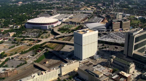 Flying north past Georgia Dome and GWCC in Atlanta. Shot in 2007. Stock Footage 59334517