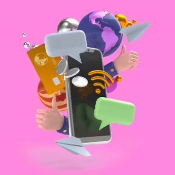 Flying objects of communications and social networks. -3D rendering Stock Illustration