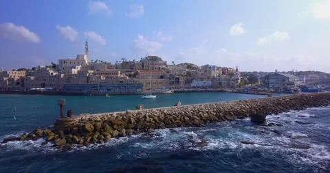 Flying by Old Jaffa Port Video stock 86238390