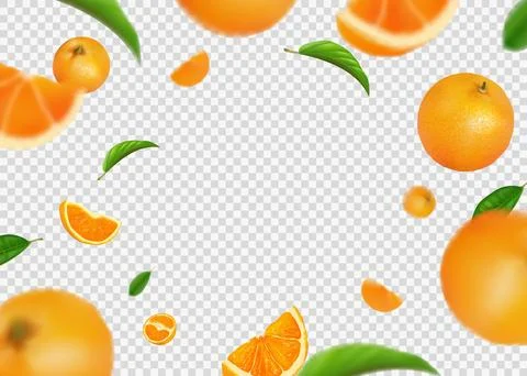Flying oranges. Fruit juice fall, 3d citrus slices and fresh food leaves, circle Stock-Illustration