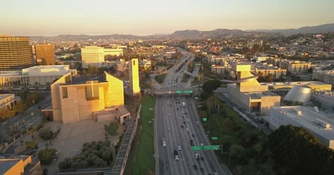 Flying over 110 freeway during traffic hours in the morning Stock Footage 77702549