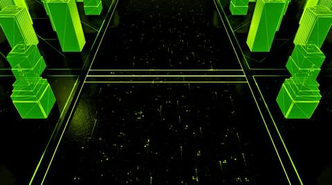 Flying over 3D virtual geometric city office buildings, aerial view. Animation Ilustración de archivo