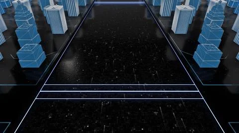 Flying over 3D virtual geometric city office buildings, aerial view. Animation Ilustración de archivo